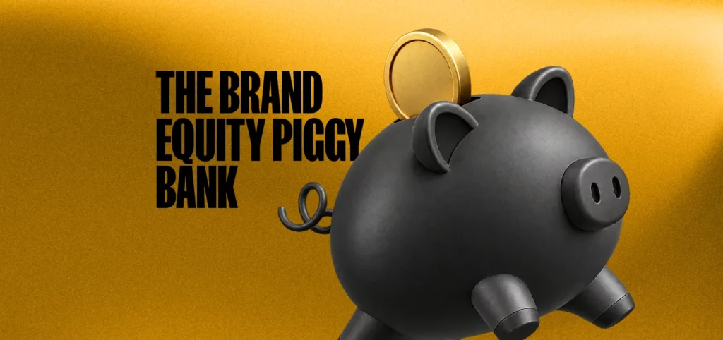 Black piggy bank with a gold coin on a mustard background, titled The Brand Equity Piggy Bank