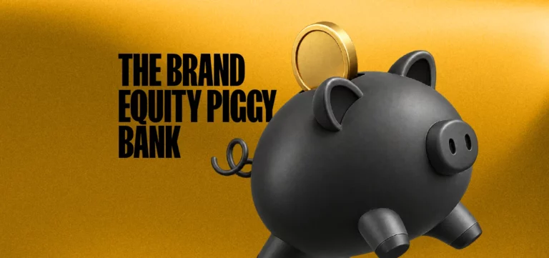 Black piggy bank with a gold coin on a mustard background, titled The Brand Equity Piggy Bank